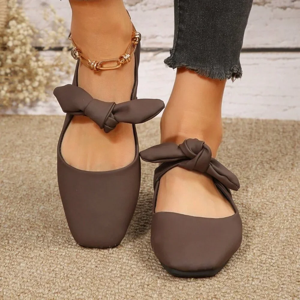 Coffee Brown Elegant Women's Low-Cut Flats with Bow Accent